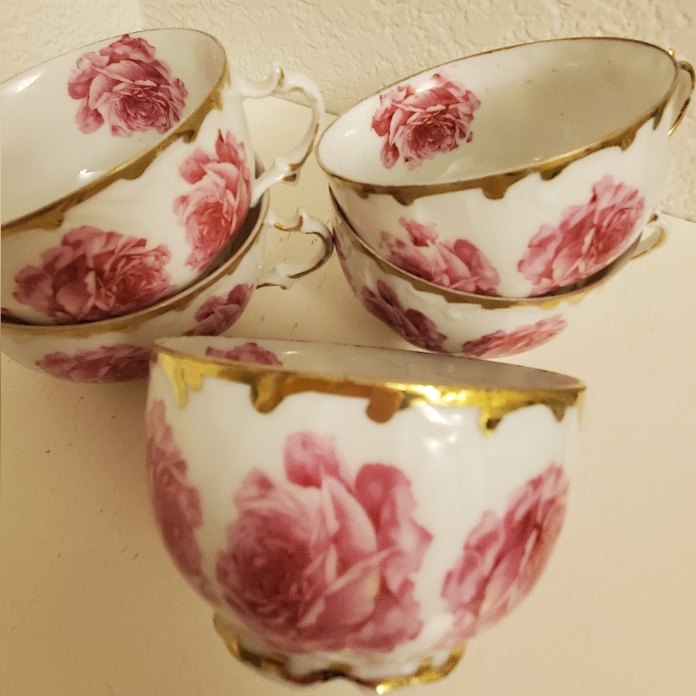 Vintage Antique 5 Delicate China Tea Cups Pink Roses Gold Banding